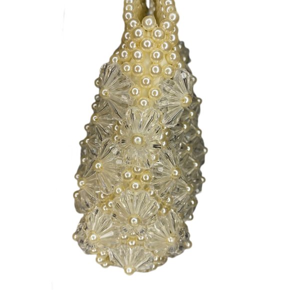 Vintage White Round and Clear Floral Beaded Double Handle Handbag Purse - Picture 6 of 9